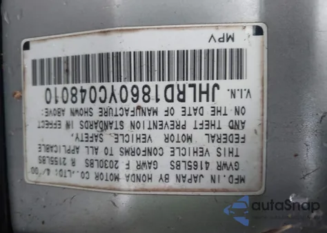 2000 Honda Cr-V Ex из США, поврежденный, VIN JHLRD1860YC048010